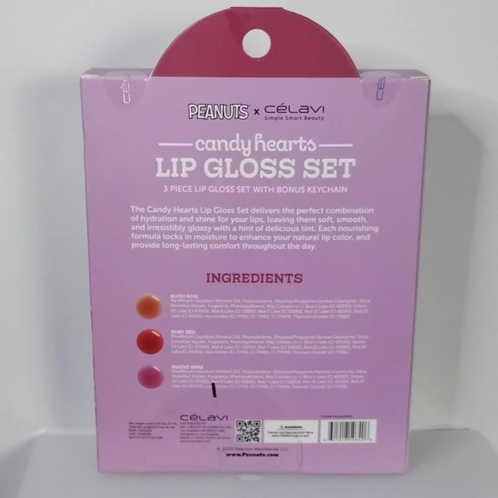 Peanuts x Celavi Candy Hearts Lip Gloss Set with Valentines Keychain Limited Ed